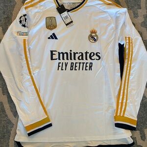 Real Madrid White and Gold Long Sleeve Jersey